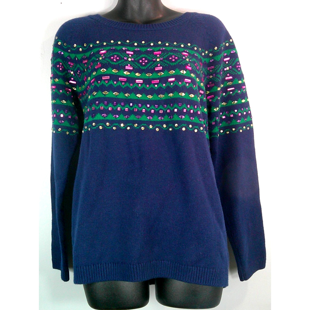 Talbots Woven Navy Sweater with Rhinestones Women's Large Nylon Lambswool Thick